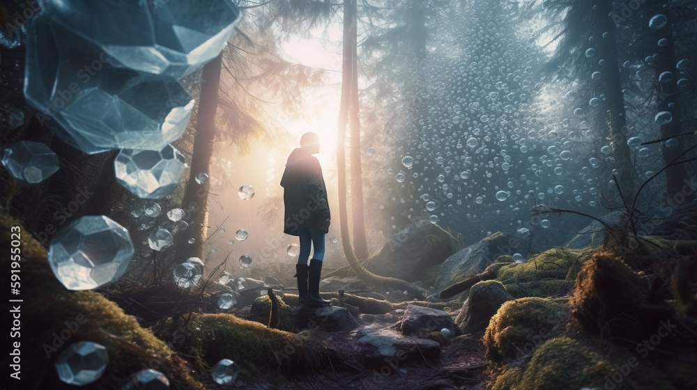 Poster a person standing in the middle of a forest surrounded by bubbles of light and water on the ground a