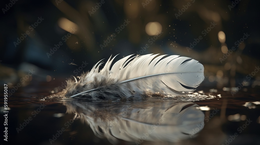 Poster a white feather floating on top of a lake next to a forest filled with trees and water drops of dew 
