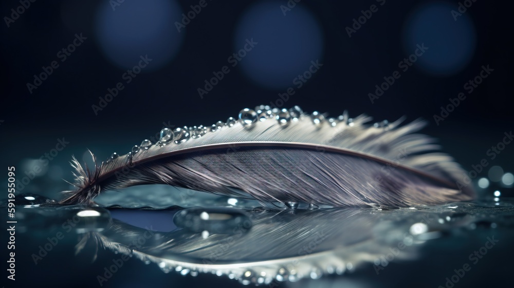 Poster a feather floating on top of water with bubbles on the water and a blurry background of circles of l