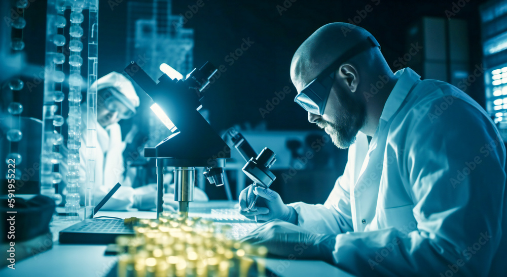 Poster scientists or researcher in a lab. created with generative ai technology.