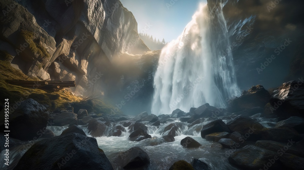 Poster a waterfall with a bench in the middle of the water and rocks in the foreground, and a bridge in the