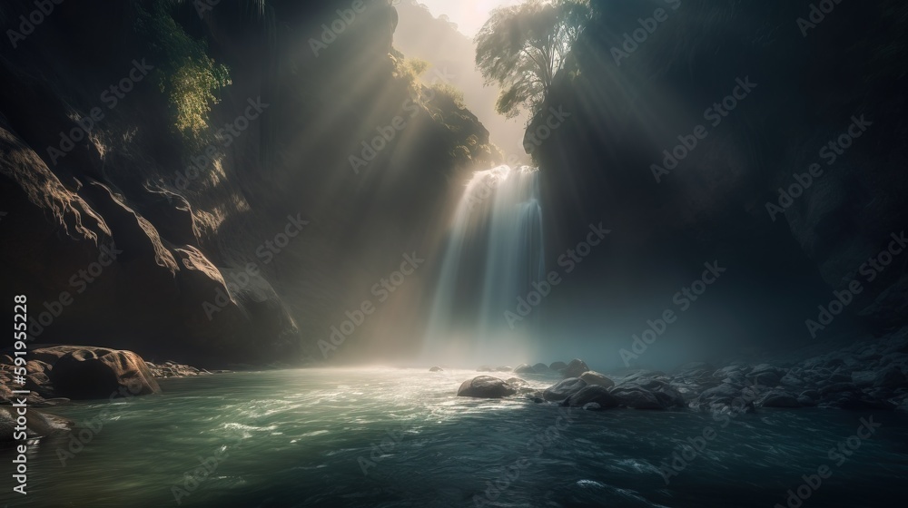 Poster a large waterfall with a bright light coming out of the top of the waterfall into the water below it