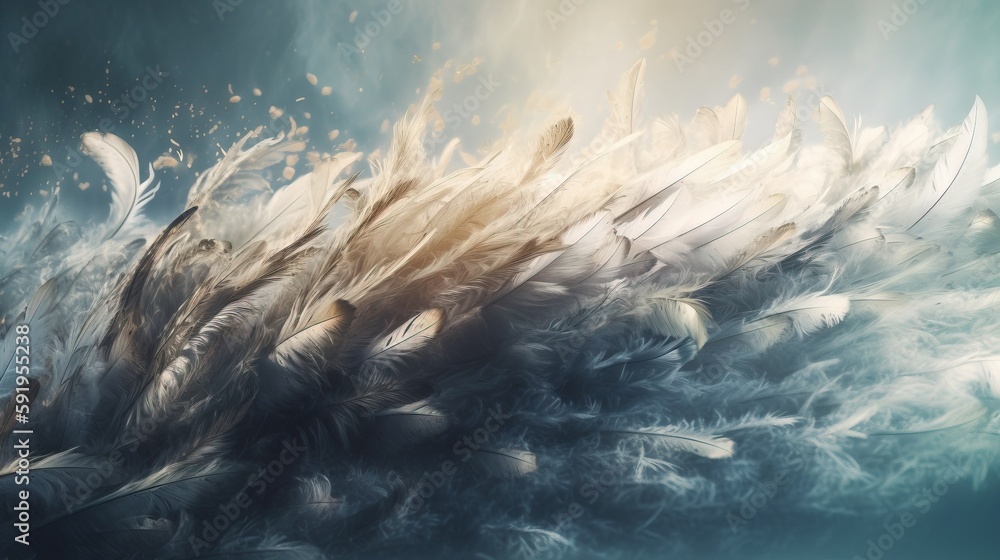 Poster a large group of feathers floating in the air on a blue background with a light shining through the 