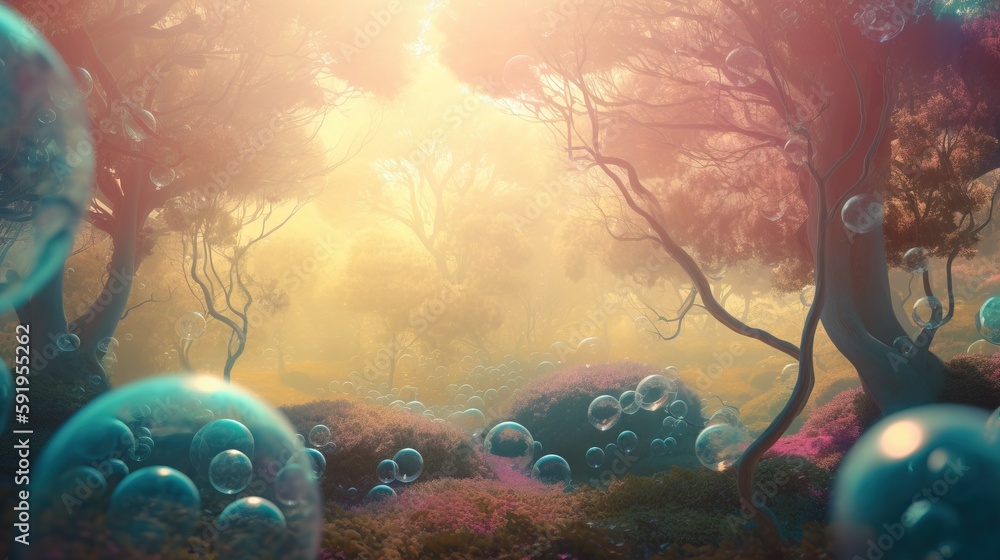 Aufkleber a bunch of bubbles floating in the air in a forest filled with trees and bushes, with a sun shining 