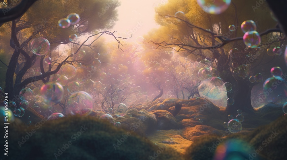 Poster a painting of a forest with lots of bubbles floating in the air and trees in the background, with a 