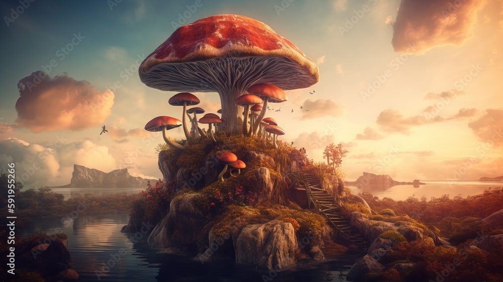Aufkleber a group of mushrooms sitting on top of a small island in the middle of a lake under a cloudy blue sk