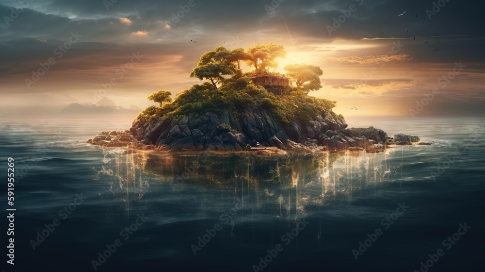 Poster a small island in the middle of the ocean with a house on top of it in the middle of the ocean with 