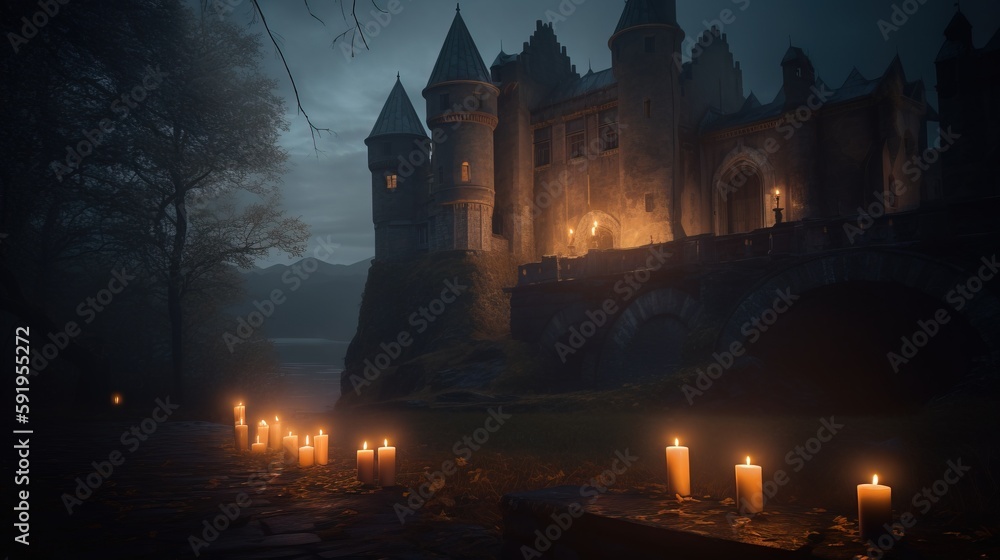 Poster a castle with many lit candles in the front of it at night with a bridge in the foreground and trees