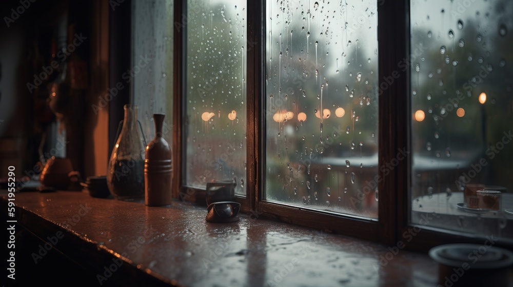 Poster a rainy window with a view of a street and a building in the distance with a candle and a teapot on 