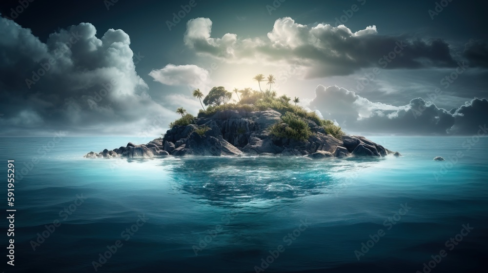 Poster a small island in the middle of the ocean with palm trees on top of it in the middle of a cloudy sky