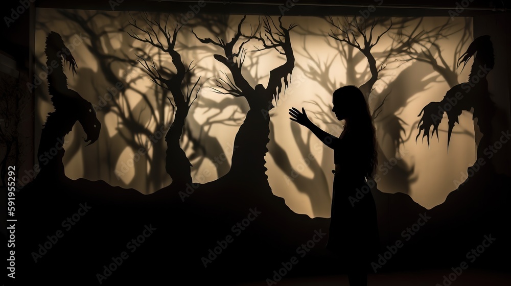 Poster a woman standing in front of a shadow of trees and a forest of dead trees on a wall with a shadow of