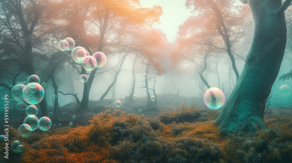 Poster a group of bubbles floating in the air next to a forest filled with trees and grass covered in fog a