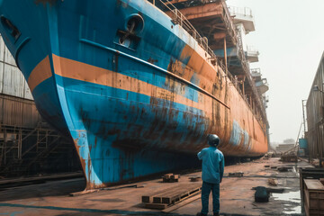 Old rusty ship under repair on dry dock. Created with Generative AI technology.