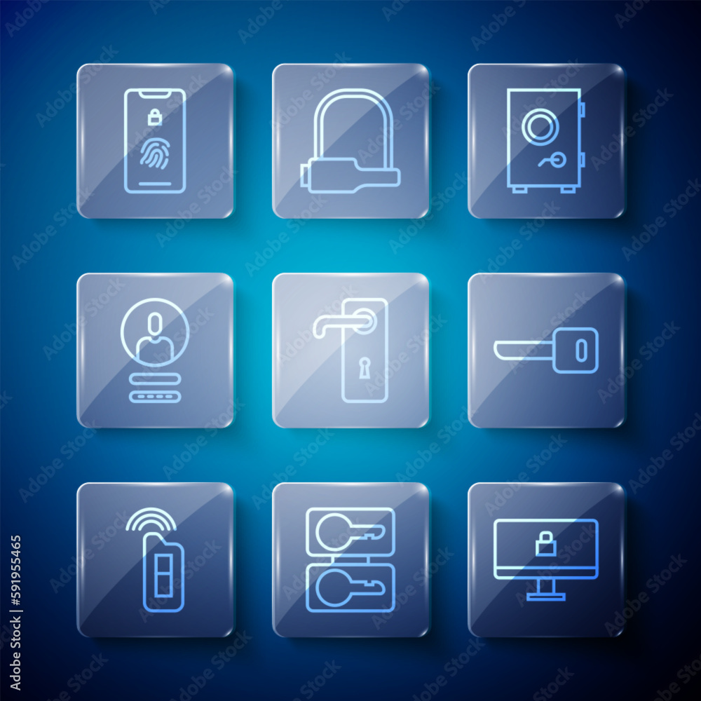 Poster set line car key with remote, casting keys, lock on computer monitor, safe, door handle, create acco