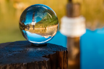Crystal ball alpine landscape shot at Lake Hintersee, Ramsau, Berchtesgaden, Bavaria, Germany