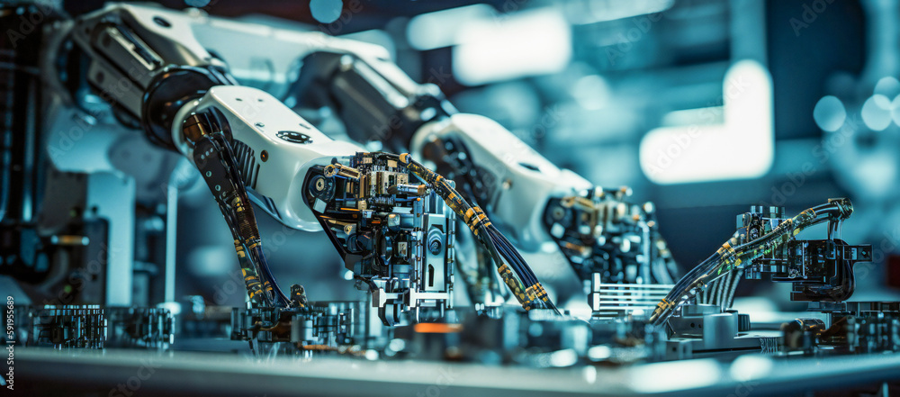 Poster generic industrial robotic gears close up. created with generative ai technology.