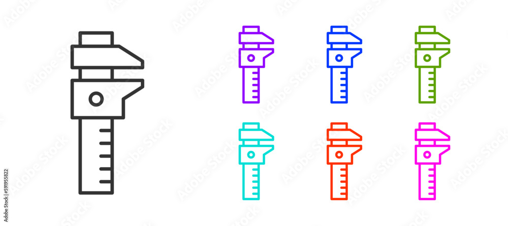 Poster black line calliper or caliper and scale icon isolated on white background. precision measuring tool