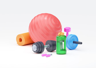Fitness 3d render illustration - fit dumbbell, realistic water bottle and fit ball with kettlebell
