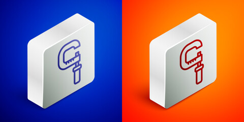 Isometric line Micrometer icon isolated on blue and orange background. Measuring engineer tool. Universal device designed to measure linear dimensions. Silver square button. Vector