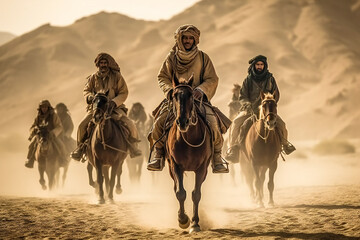 Illustration of riders in the desert. Bedouin or Arabian people. Created with Generative AI technology.