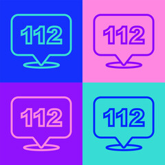 Pop art line Telephone with emergency call 112 icon isolated on color background. Police, ambulance, fire department, call, phone. Vector