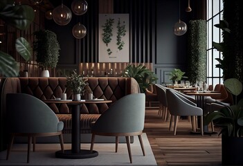 Modern concept design of restaurant lounge 3D Render. Generative AI