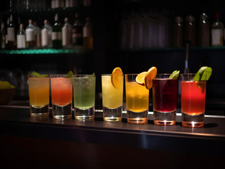 Alcohol fruit beverage shots with mint and citrus slice on bar background for World Cocktail Day. Alcoholic tropical drinks set are separately from each other in row for party. Generative AI