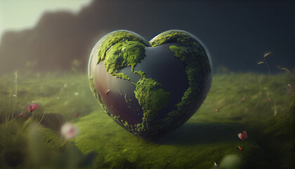 Obraz na płótnie Canvas Heart shaped planet on green meadow. Earth day concept. Ai generated image