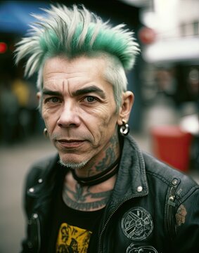 Portr&auml;t eines m&auml;nnlichen Best Ager Punkers mit gr&uuml;nen Haaren, Generative AI