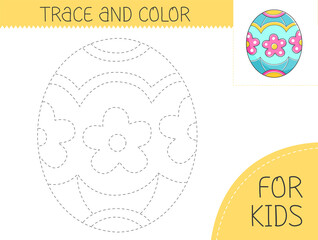 Trace and color coloring book with easter egg for kids. Coloring page with cartoon easter egg. holiday illustration for kids.