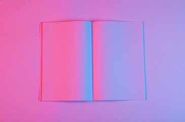 Open blank magazine mockup in red blue neon light