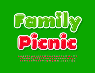 Vector creative emblem Family Picnic. Bright Red Font. Modern Alphabet Letters and Numbers set