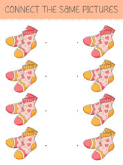 Connect the same pictures game with cute cartoon socks. Children's game with socks.