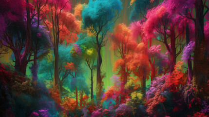 A forest of rainbow-colored trees with vines that glow in the dark and flowers that sing when the wind blows,photorealistic
