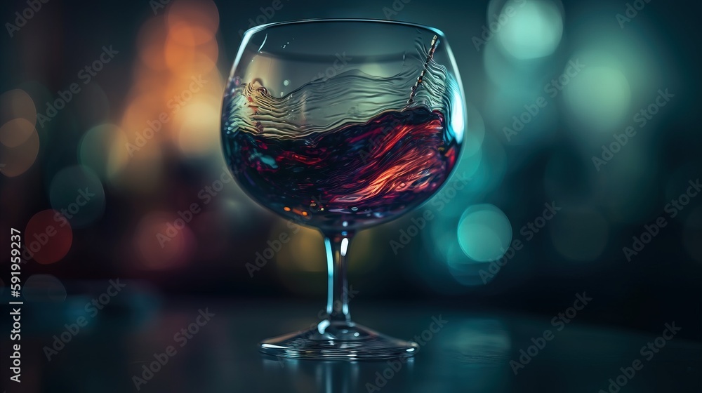 Poster a glass of red wine sitting on a table with blurry lights in the backround of the image in the backr