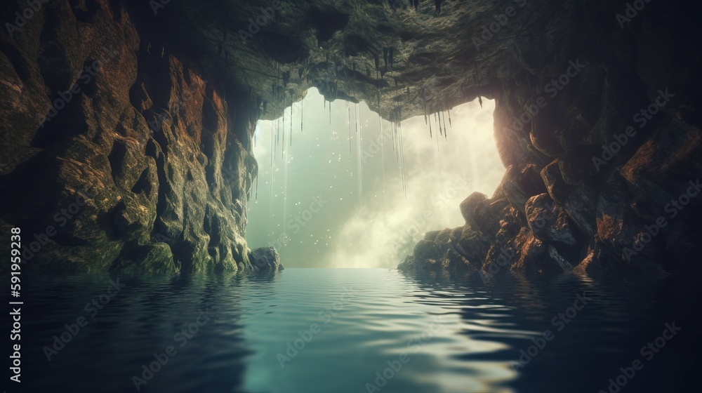 Poster a cave with a body of water in the middle of it and fog hanging from the ceiling of the cave and wat