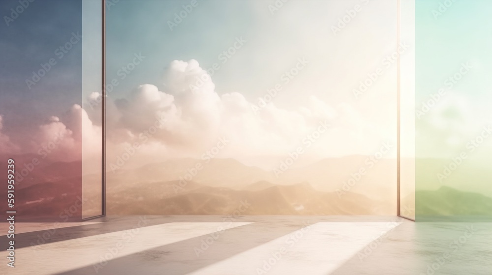 Poster an empty room with a view of the mountains and clouds in the distance, with a window to the left of 