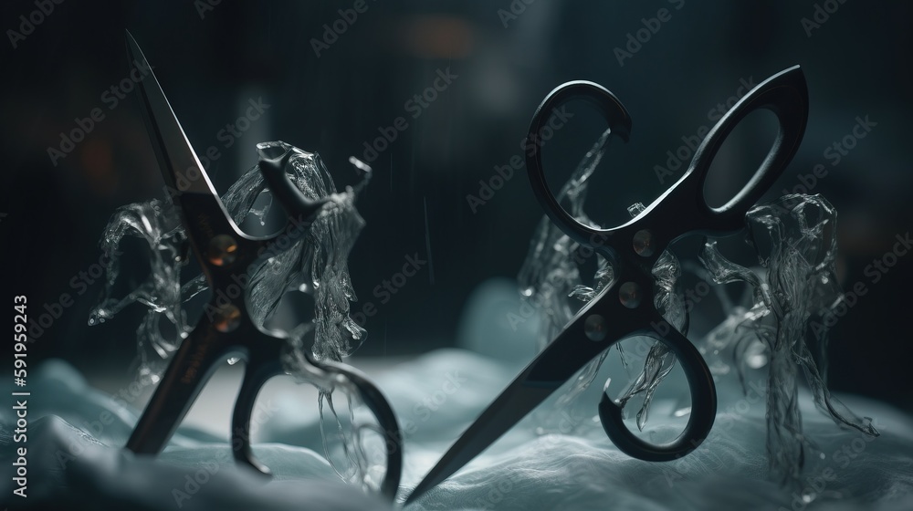 Poster a pair of scissors sitting on top of a white cloth covered tablecloth in a dark room with light comi