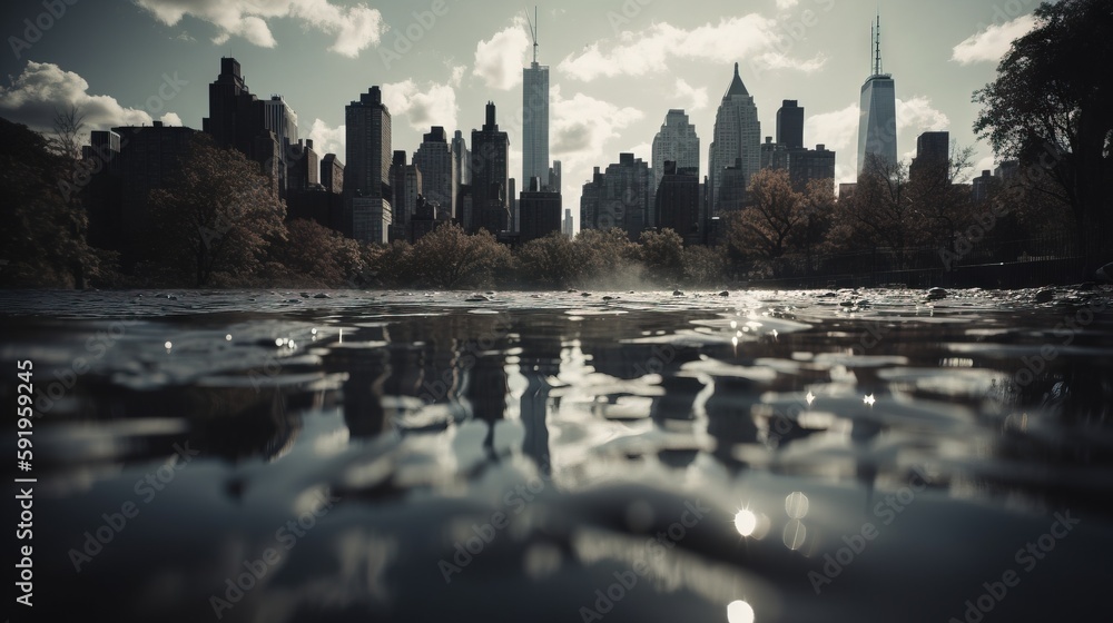 Poster a body of water with a city in the background and clouds in the sky above it and a few trees on the 