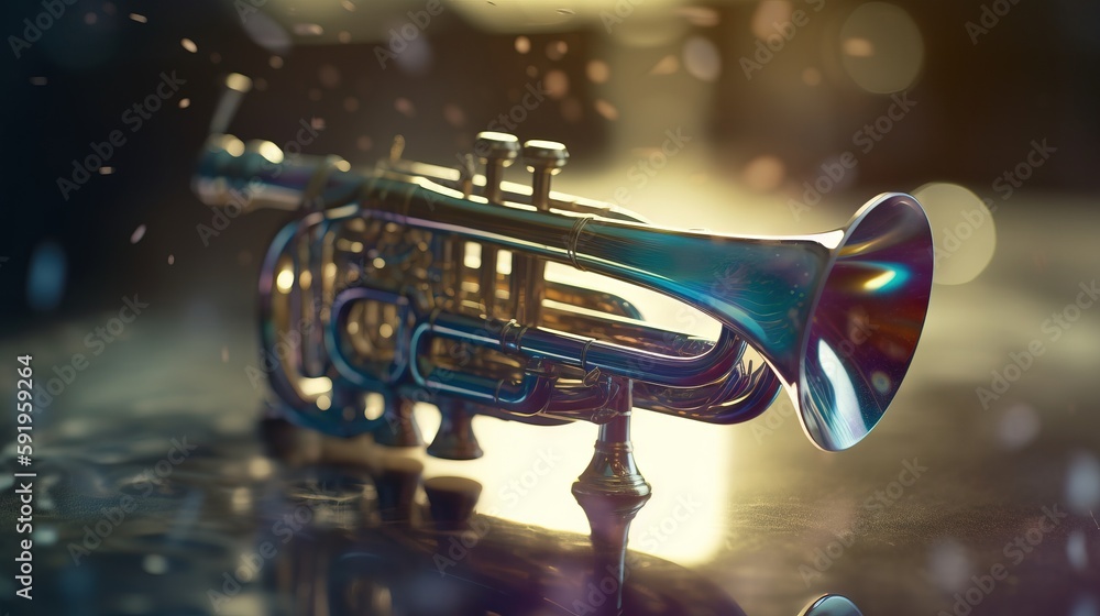 Poster a close up of a trumpet on a table with a blurry background and a light reflection on the floor behi