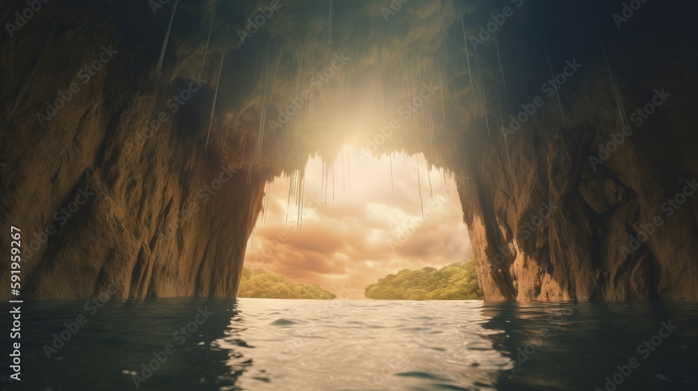 Poster a large cave with water and trees in the background and a sunbeam in the middle of the cave, with a 