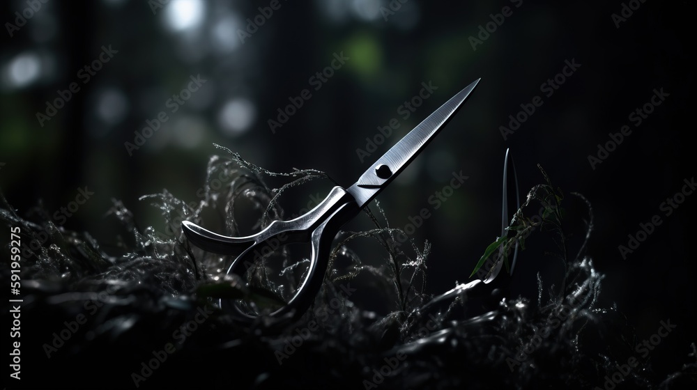 Poster a pair of scissors sitting on top of a lush green field in the dark forest of a forest with tall gra