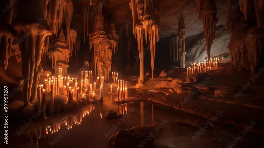 Poster a cave filled with lots of lit candles next to a body of water with rocks on either side of it and a