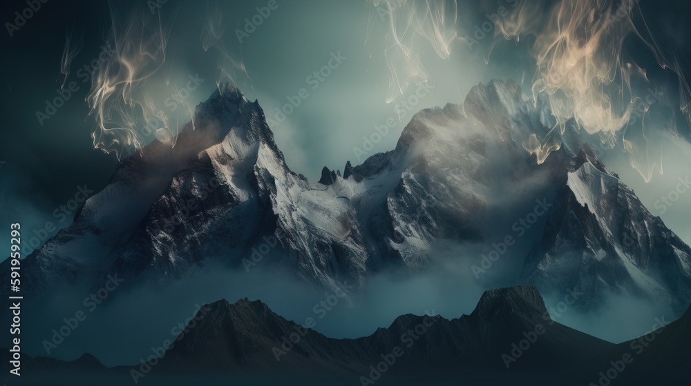 Aufkleber a mountain range covered in clouds and fog with a dark sky in the background and a dark sky in the f