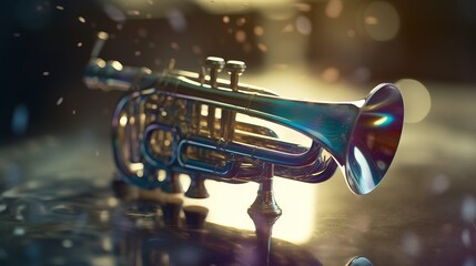 Obraz na płótnie Canvas a close up of a trumpet on a table with a blurry background and a light reflection on the floor behind it and a blurry image of the trumpet. generative ai