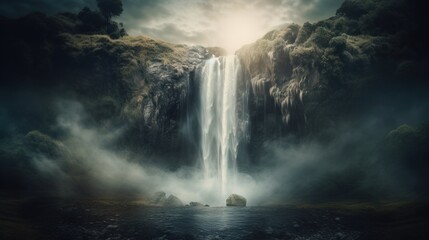 Fototapeta na wymiar a waterfall in the middle of a body of water surrounded by fog and clouds in a dark, cloudy sky with a light shining on the waterfall. generative ai