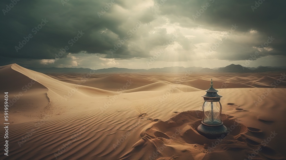 Poster a lantern in the middle of a desert under a cloudy sky with mountains in the distance in the distanc