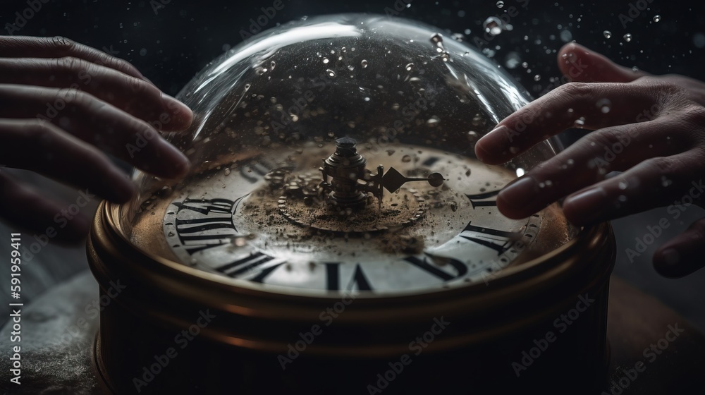 Poster two hands reaching for a snow globe with a clock on it and snow flakes falling around it and the han