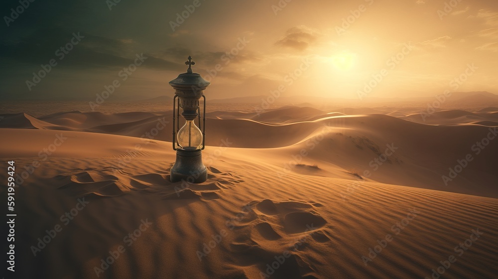 Poster  a lantern in the middle of a desert with a sunset in the background and sand dunes in the foreground, with the sun shining through the clouds.  generative ai