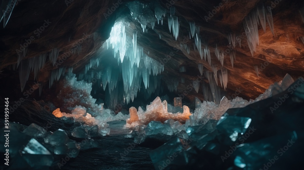 Aufkleber a cave with ice formations and a light at the end of the cave is lit by a beam of light that is shin